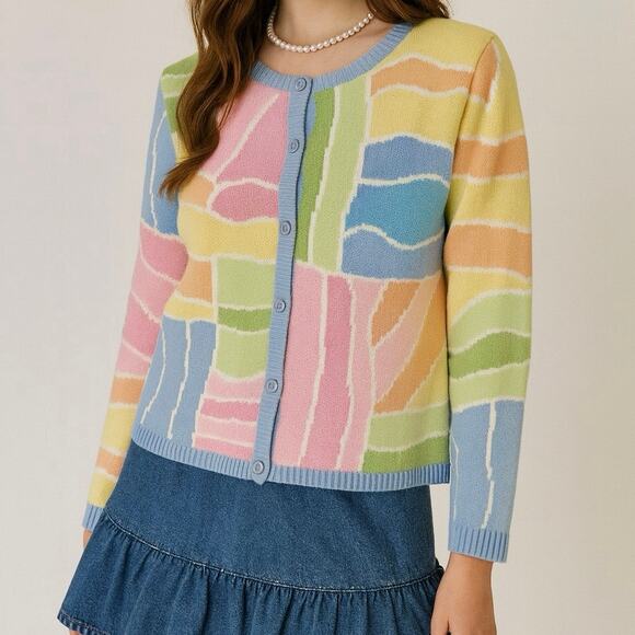 Talbots Sweaters - Vintage Talbots Pastel Colorblock Knit Crewneck Cardigan Size Small Petite